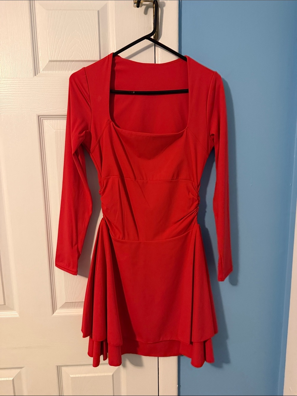 Amazon Red Long-Sleeve Square Neck Fit-and-Flare Dress
